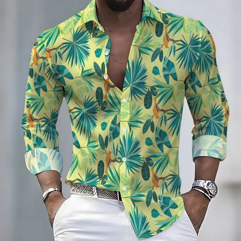 2026 New Hawaiian Style Coconut Tree Print Long-Sleeve Shirt, Stylish Print Men's Casual Vacation Loose Collar Hawaiian Shirt