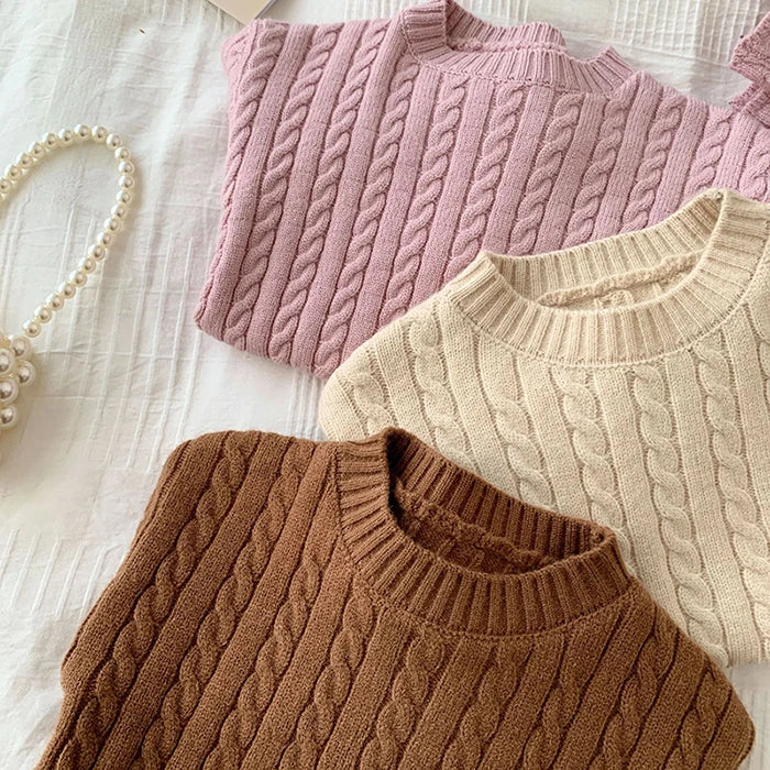 Autumn Spring Korean Style Kids Knitted Clothing Set Long Sleeved Solid Color Knitted Pullover+Pants Baby Girl Clothes Suit