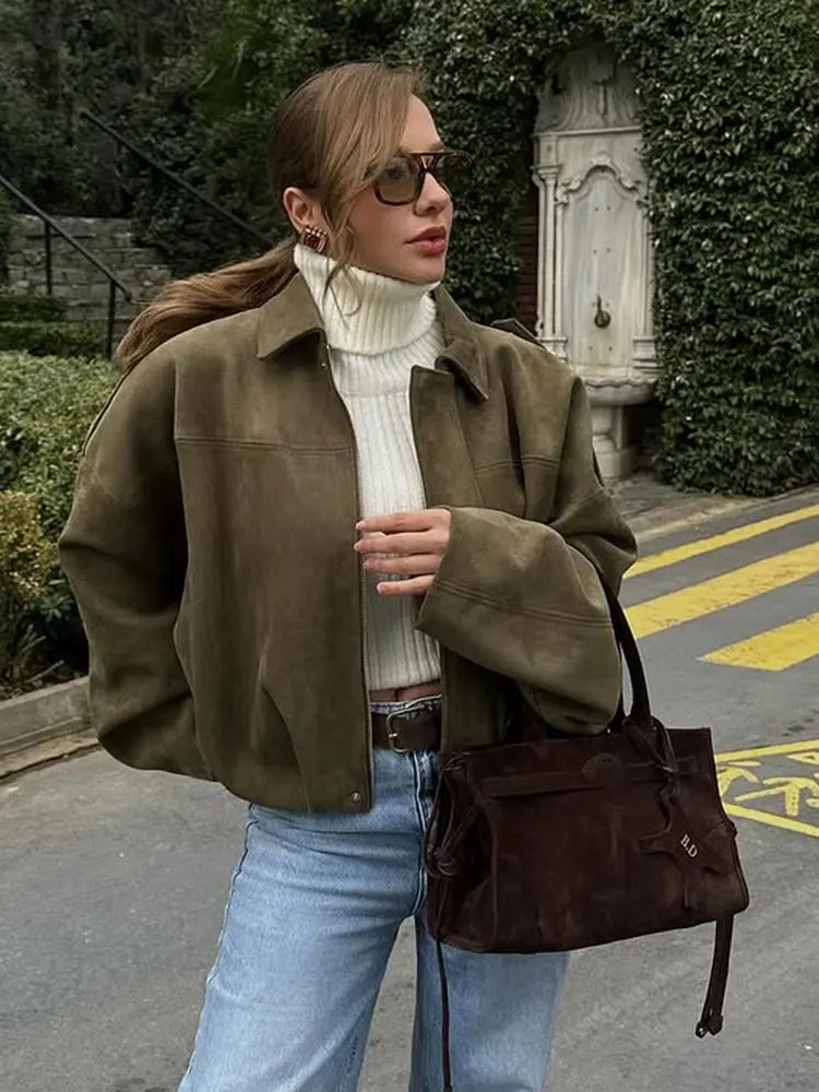 HH Women Brown Green Suede Jacket Loose Casual Bomber Coat Lapel Zipper Long Sleeve Jackets Vintage Lady Motorcycle Outwears