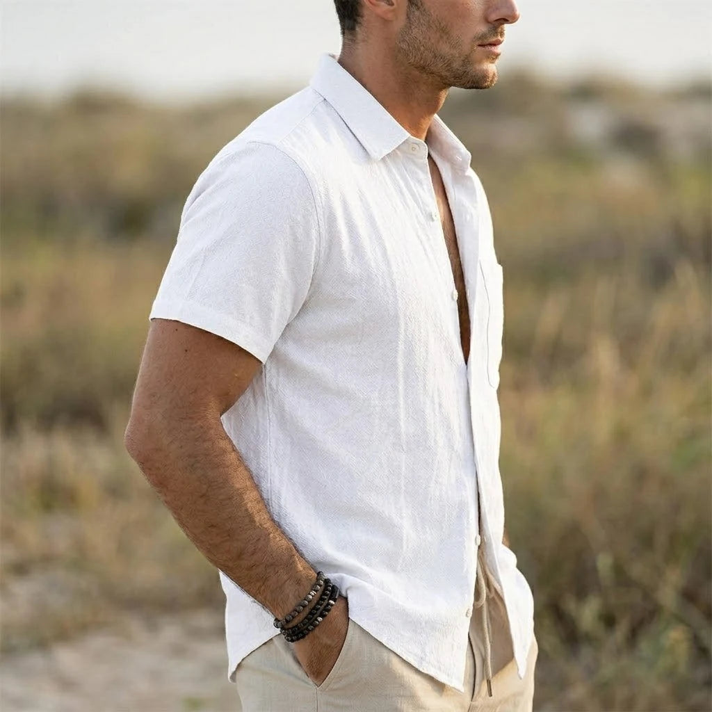 New Short Sleeve Linen Shirts for Men Luxury Breathable Hawaiian Shirt Cotton T-shirt Summer Beach Pocket Button Down Tshirts