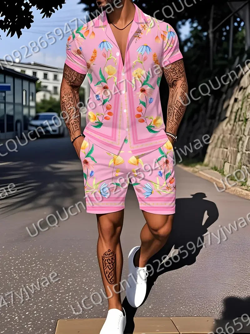 Summer Hawaiian Vintage Flowers Print Men's Short Sleeved Women's Blouses Beach Shirt +Shorts Button Shirt Set Men Clothes