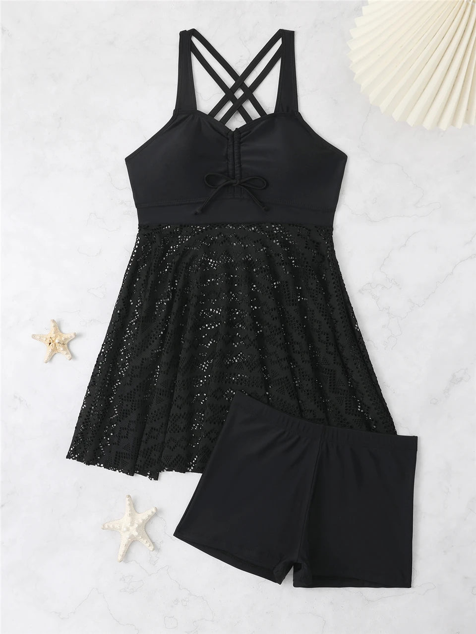 2 Pieces Front Drawstring Swimwear 2024 Women Hollow Out Swimsuit Beach Skirt Solid Tankini Female Bathers Swimming Beach Wear