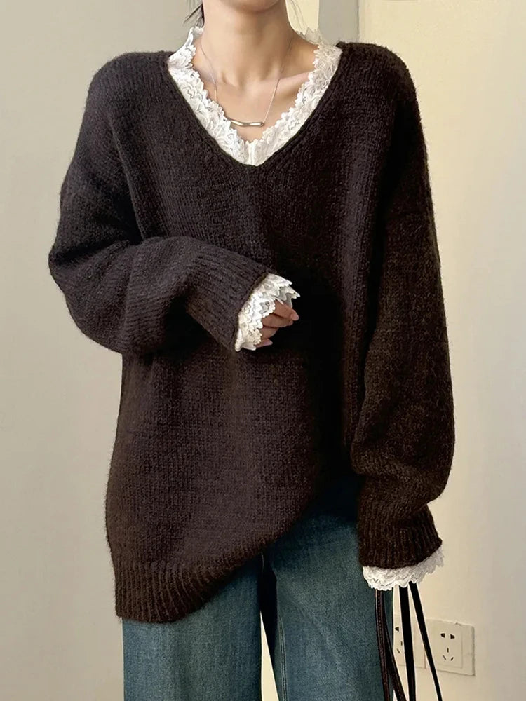 Aoaiiys Sweaters Women V Neck Lace Spliced Pullovers Vintage Chic Knitted Jumpers Autumn Winter New Comfortable Loose Sweaters