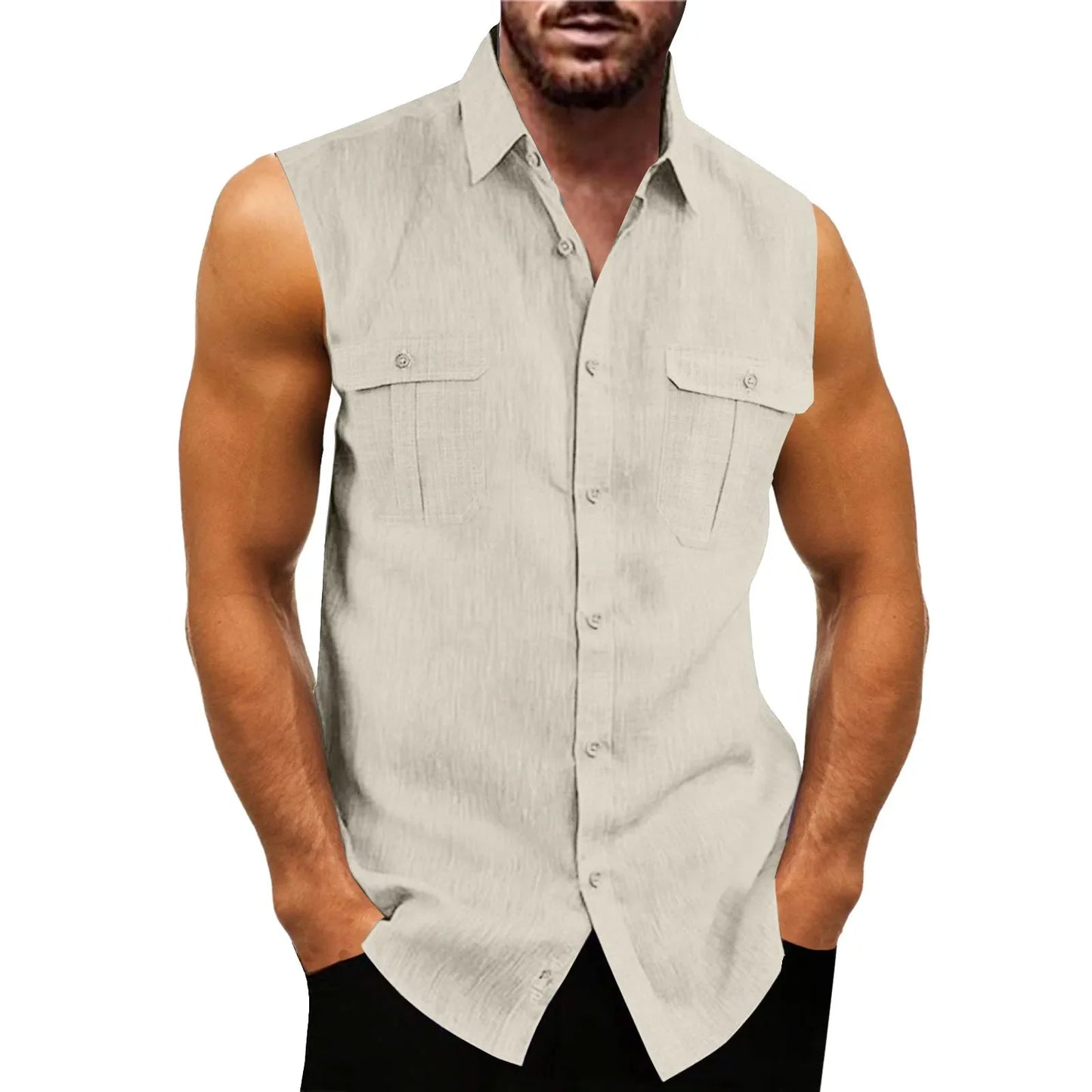 New Men's Shirts Vest Summer Cotton Linen Tops Solid Color Cardigan Sleeveless Loose Lapel Handsome Men's Shirts Casual Blouse