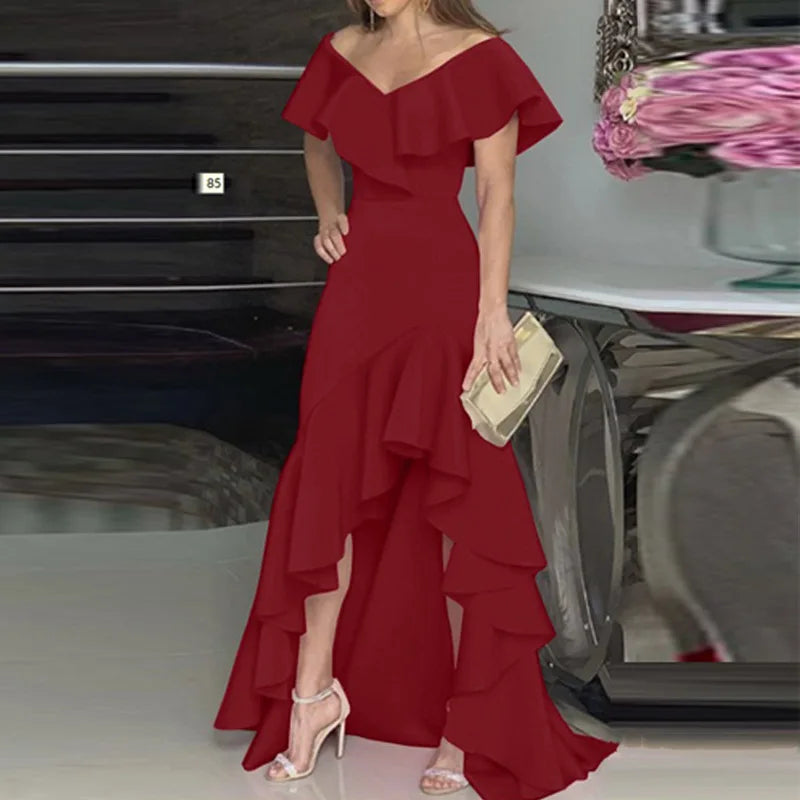 Fashion Evening Dresses Sexy V-Neck Elegant Party Irregular Solid Color Hem Ruffle Women Maxi Dress Short Sleeve Floor Length