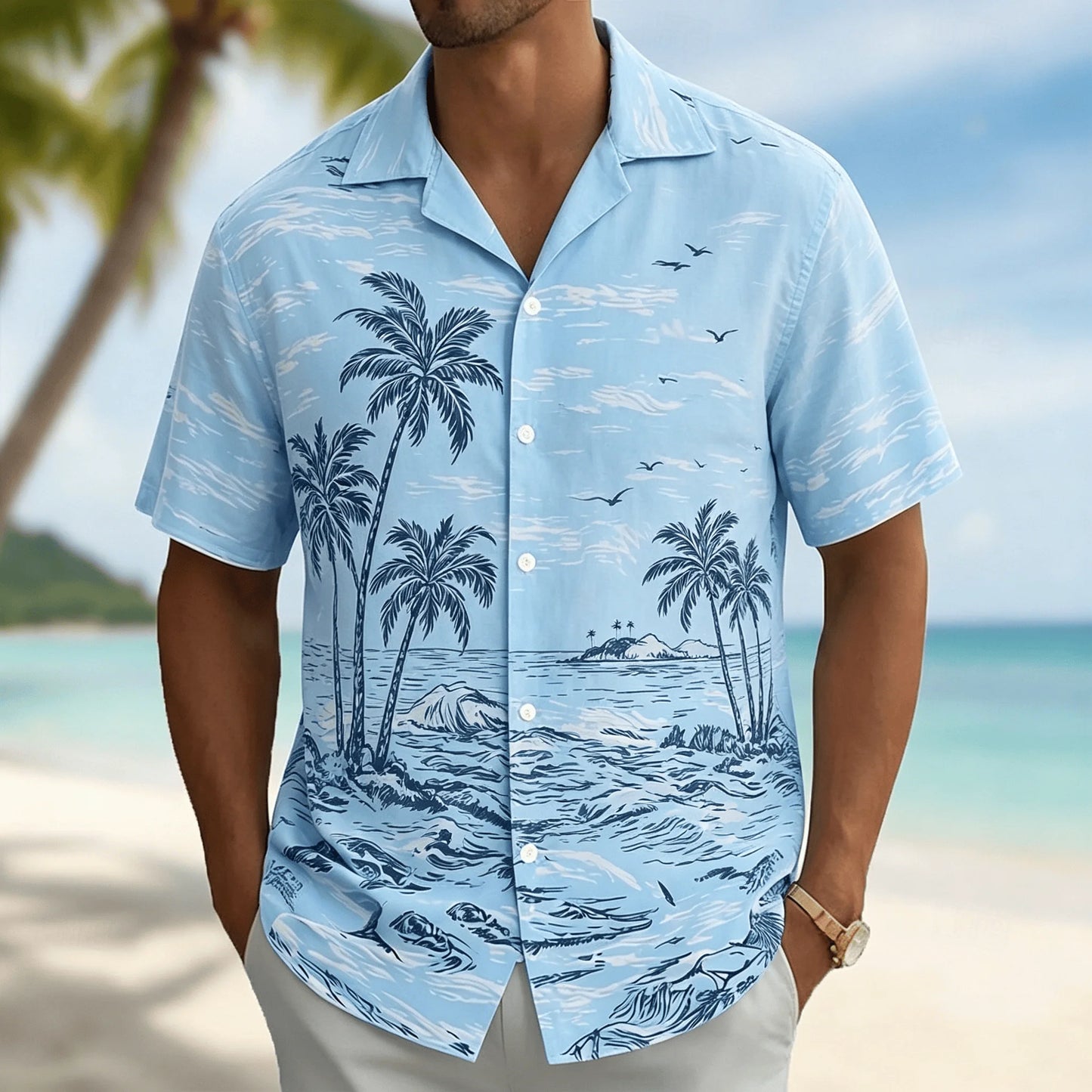 Men's Light Blue Tropical Palm Tree Print Short Sleeve Shirt, Casual Hawaiian Button Down with Ocean Design for Spring & Summer
