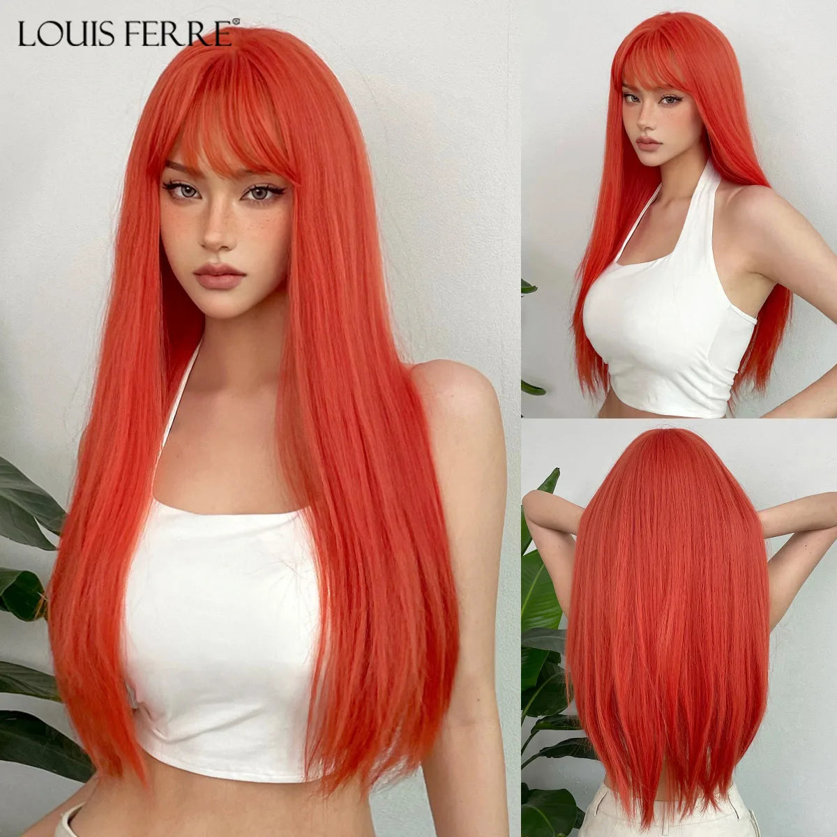 LOUIS FERRE Black Pink Ombre Synthetic Wigs for Cosplay Long Straight Layered Wigs with Bangs for Women Heat Resistant Fake Hair