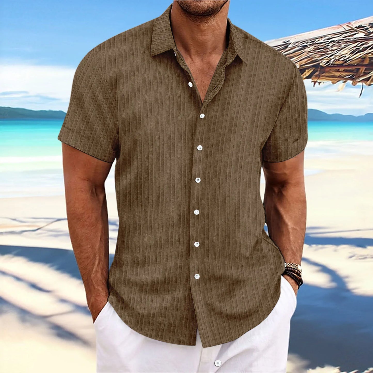 Simple And Versatile Summer New Men's Cotton And Linen Striped Jacquard Shirt Casual Comfortable Loose Short-Sleeved Shirt