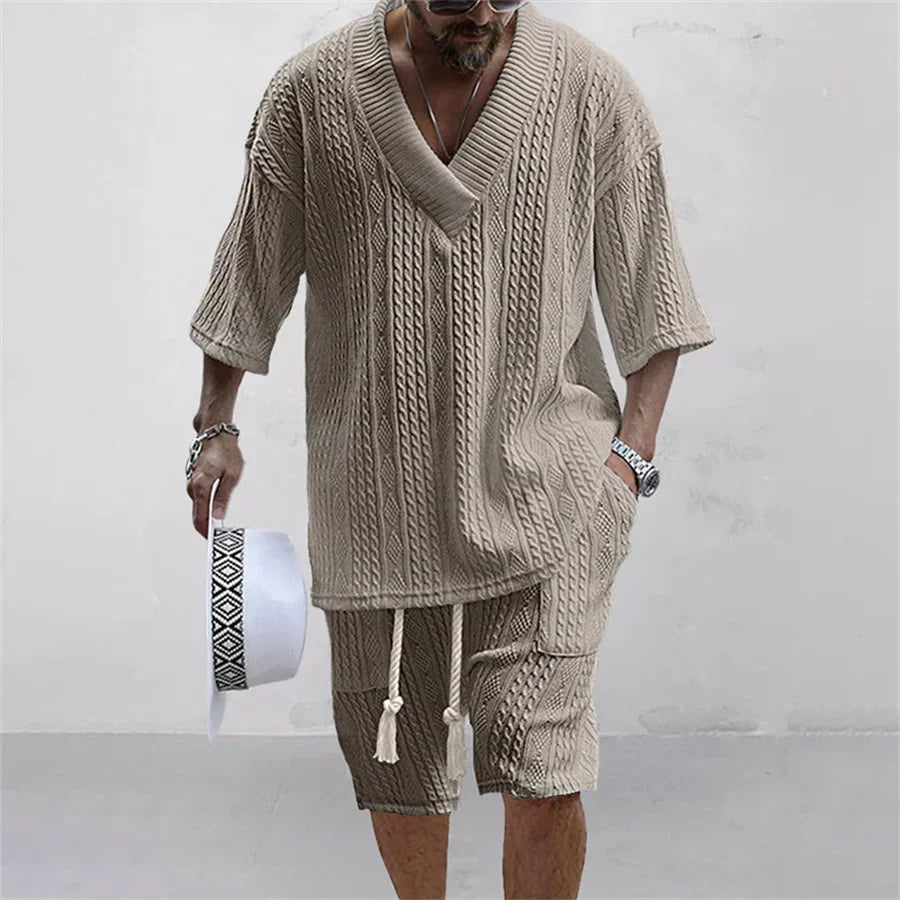 Summer New Men's Sports Suit Men's V-neck Top Loose Two-piece Set Men's Casual Trend Street Retro Suit