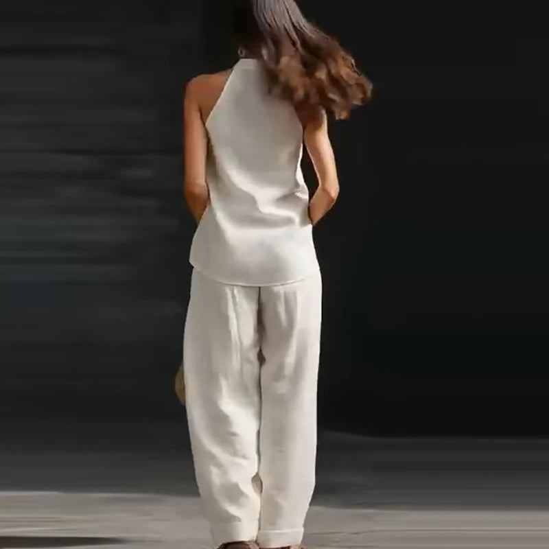 Summer Women Sleeveless Shirt Halter Vest High Waist Pocket Loose Pants Suit Women Casual Two Piece Female Loungewear Ses