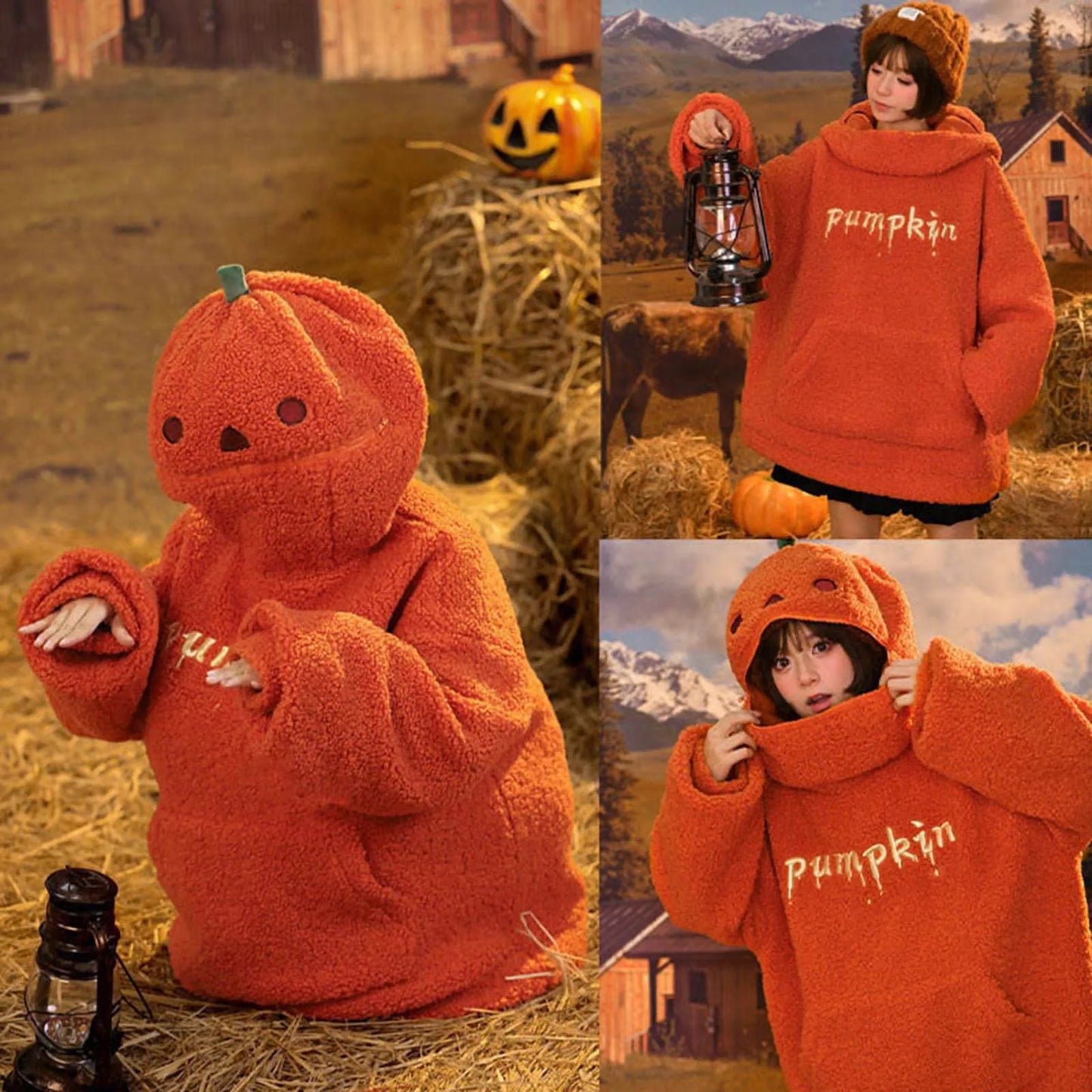 Women's Halloween Pumpkin Shaped Hoodie Autumn Round Neck Hooded Sweatshirt Double-Faced Fleece Cute Halloween Sweater Tops