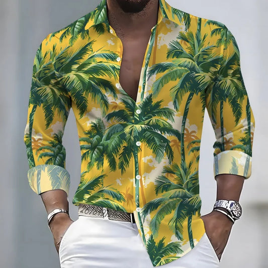 2026 New Hawaiian Style Coconut Tree Print Long-Sleeve Shirt, Stylish Print Men's Casual Vacation Loose Collar Hawaiian Shirt