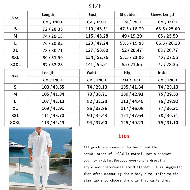American loose linen set for men autumn Hawaiian home commuter thin Henry shirt long sleeve pants set