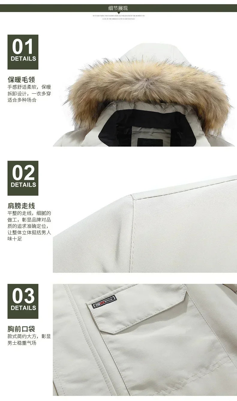 Fleece Winter Fur Hooded Parkas Men Duck Down Snow Jacket Windproof Coats Thickened -30 Degree Keep Warm Outdoor Outerwear