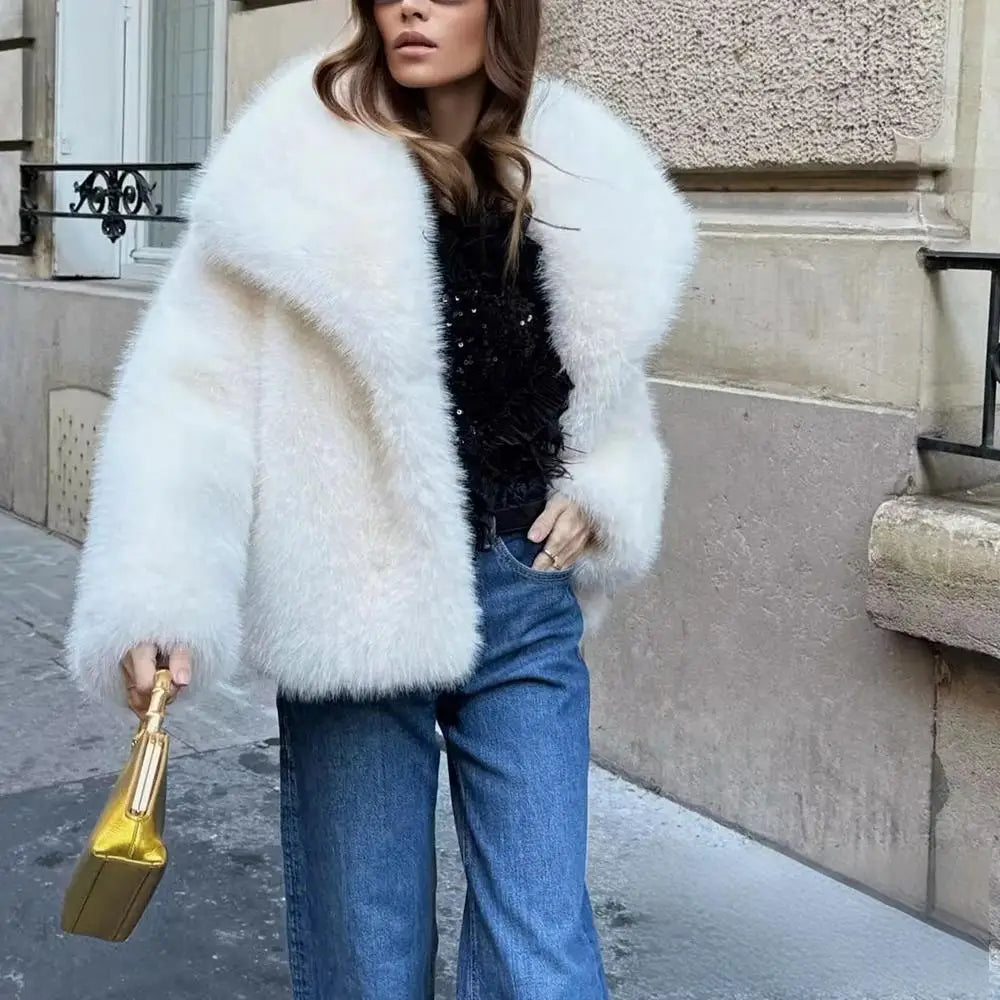 KONDALA Casual Brown Thick Fur Jackets Women Long Sleeve V Neck Autumn Winter Faux Fur Coats Fashion 2025 Streetwear Outwears