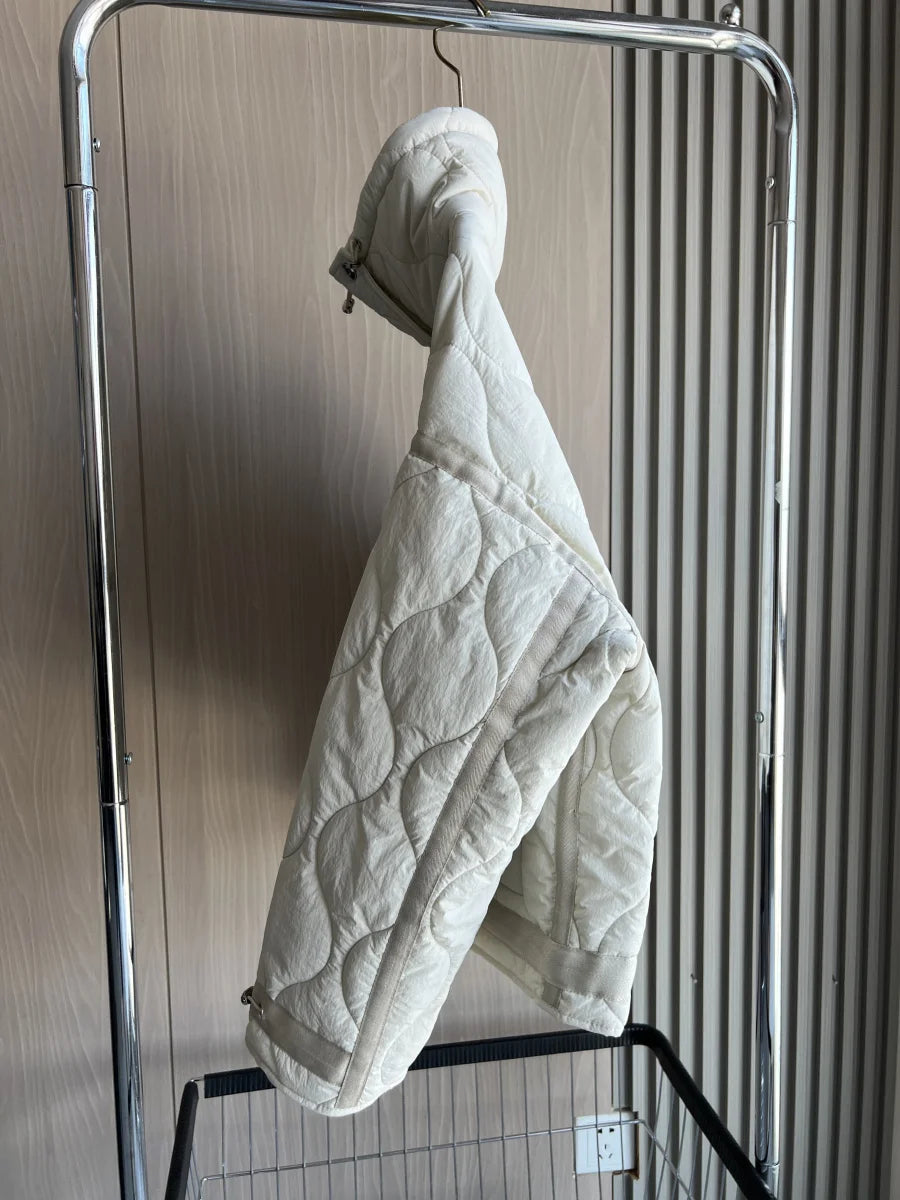 Quilted coat for women ETJ 2025 QUILTED JACKET WITH TIES new beige drawstring high neck pocket clip cotton jacket for women