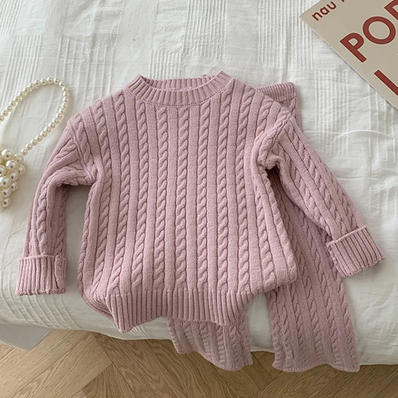 Autumn Spring Korean Style Kids Knitted Clothing Set Long Sleeved Solid Color Knitted Pullover+Pants Baby Girl Clothes Suit
