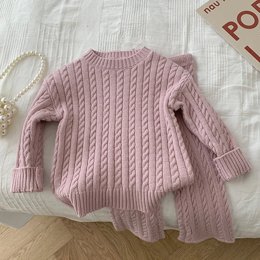 Autumn Spring Korean Style Kids Knitted Clothing Set Long Sleeved Solid Color Knitted Pullover+Pants Baby Girl Clothes Suit