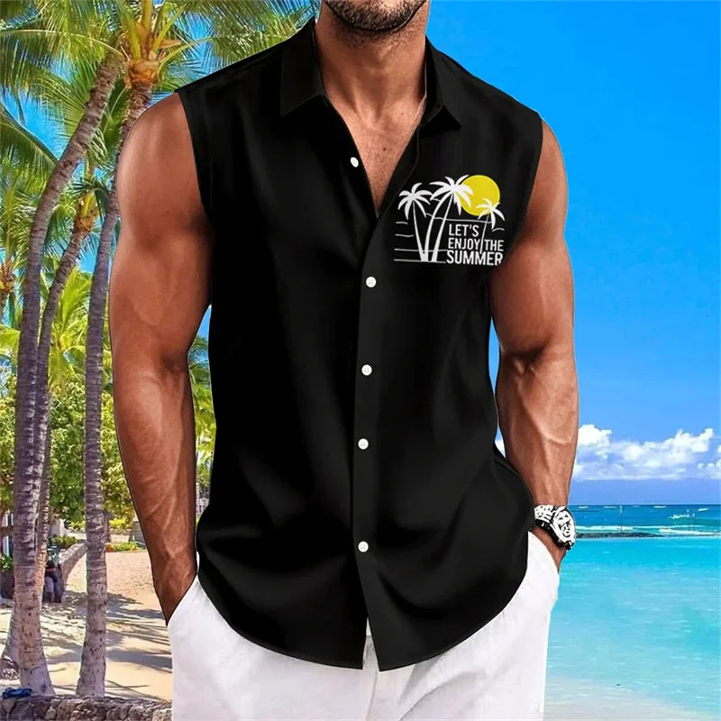 Hawaiian Men's Shirt Coconut Print Flap Collar Sleeveless Top Beach Holiday Style Shirt Fashion Men's Clothing