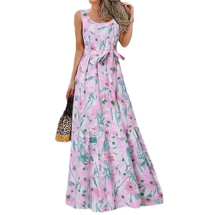 Summer Flower Print Sleeveless Long Dresses Women Elegant Casual Vacation Style Dress O Neck High Waist Leace-up Maxi Vestidos