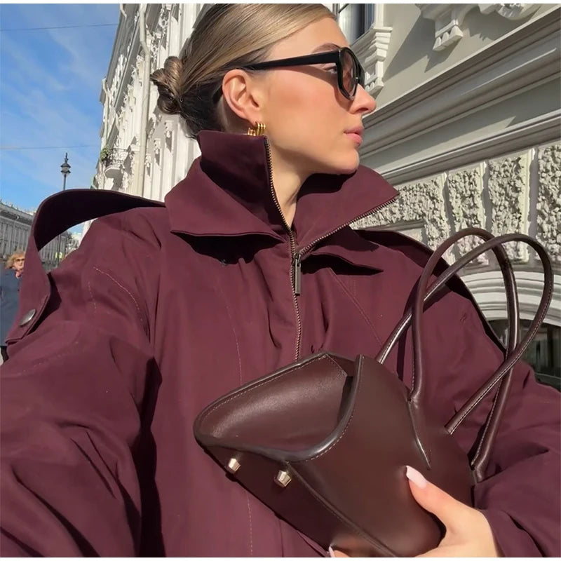 Fashion Wine Red Zipper Loose Overcoat Women Chic High Collar Long Sleeve Lace Up Elastic Waist Jacket Female Commute Daily Coat