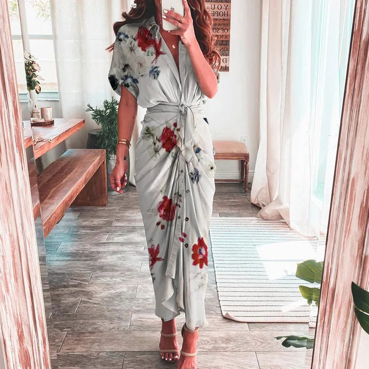 Sexy Irregular Long Dress For Women Fashion V-neck Lace-up Wrinkled Buttoned Dress Elegant Short Sleeves Clothing Ropa De Mujer