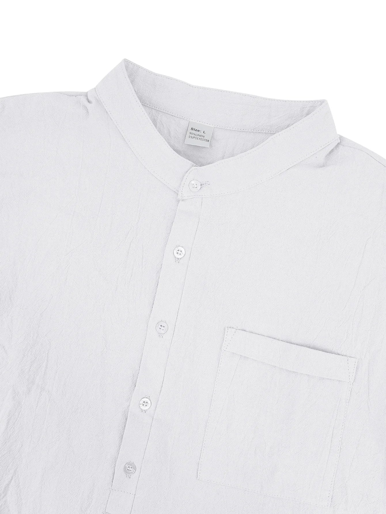 Summer Men's Linen Henry Long Sleeve T-Shirt  European and American Woven Solid Color Casual Polo Shirt