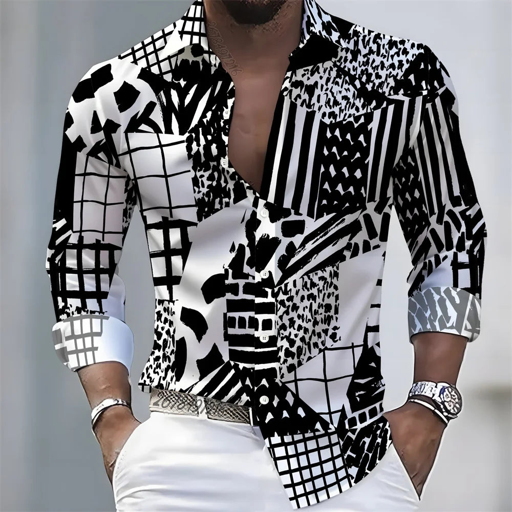 New men's artistic printed long-sleeved shirt, retro color-blocked design, casual shirt, versatile and stylish top for commuting