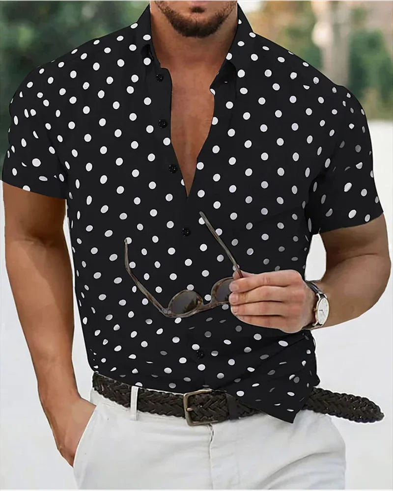 Men's shirt Summer beach shirt black and white short-sleeved polka dot lapel holiday wear fashion casual comfortable clothing to