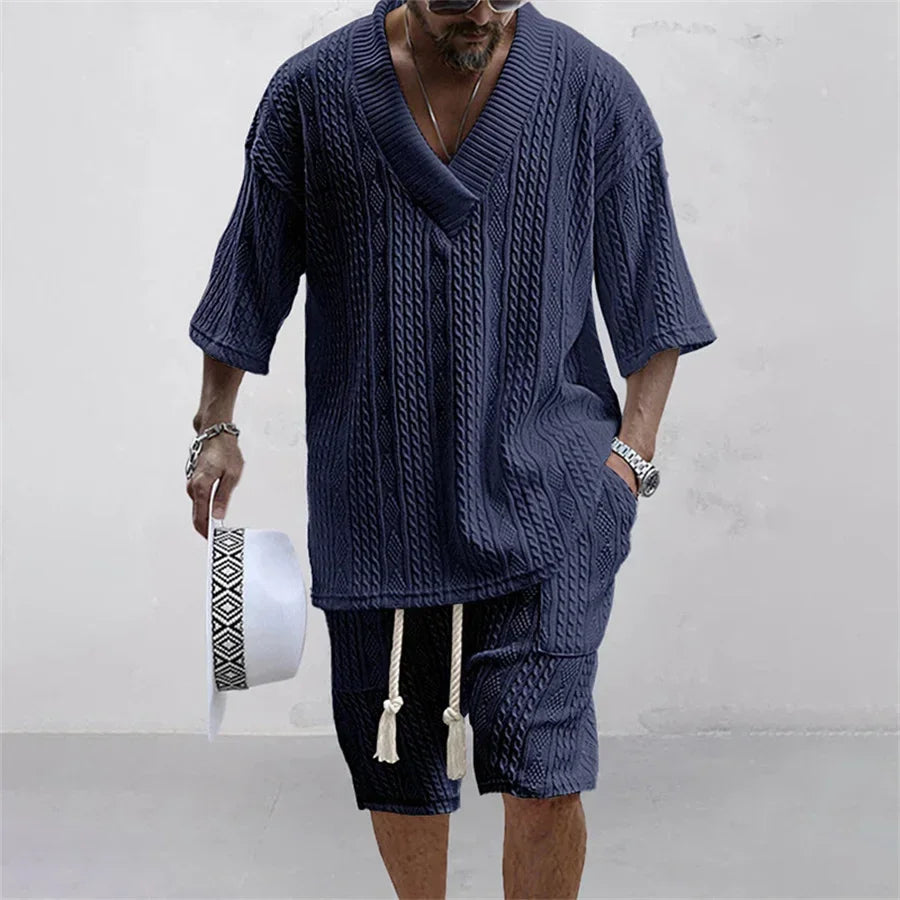 Summer New Men's Sports Suit Men's V-neck Top Loose Two-piece Set Men's Casual Trend Street Retro Suit