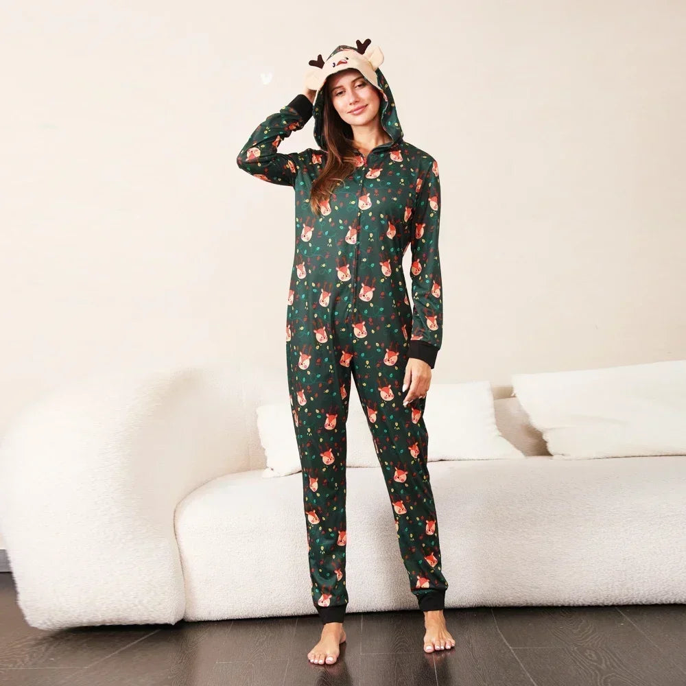 Christmas Gift Mother Father Kids Matching Outfits Cute Deer Ear Hooded Romper Overall Soft Loose One-Piece Pajamas Family Look