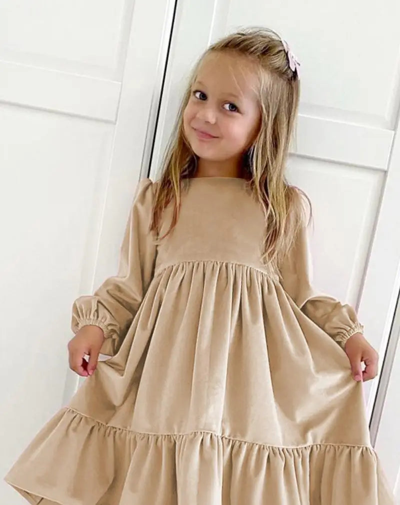 New 7-12 years Girls Spring Autumn Winter Velvet Long Sleeve Ruffle Hem Dress Princess Kids Party Dressess Children Clothing