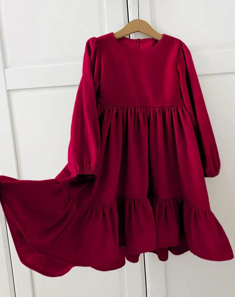 New 7-12 years Girls Spring Autumn Winter Velvet Long Sleeve Ruffle Hem Dress Princess Kids Party Dressess Children Clothing
