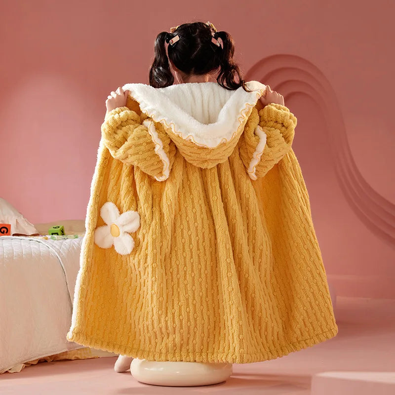 Kids Winter Bathrobe Thicken Warm Home Robe Baby Homewear Animal Dinosaur Cartoon Bathrobe For Children Hooded Gilrs Boys Robe