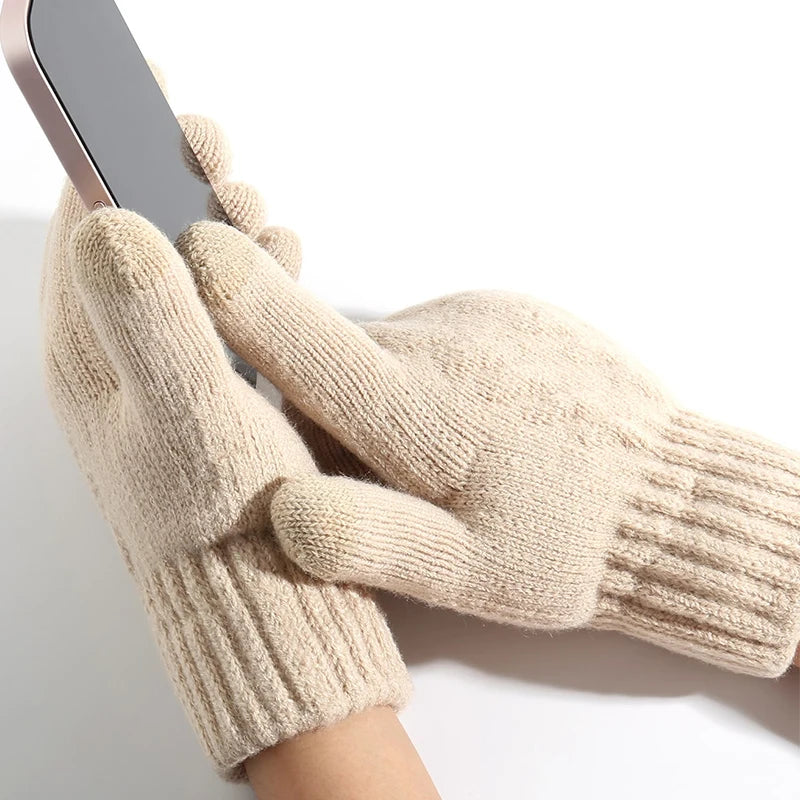 New Men's Warm Full Finger Gloves Winter Touchscreen Plus Fleece Gloves Woman Thickening Wool Knitted Cycling Driving Gloves