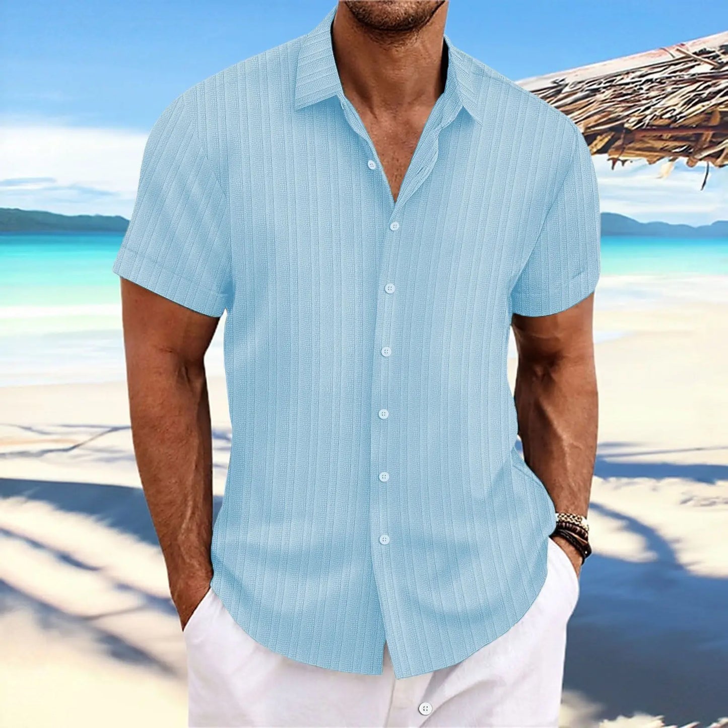 Simple And Versatile Summer New Men's Cotton And Linen Striped Jacquard Shirt Casual Comfortable Loose Short-Sleeved Shirt