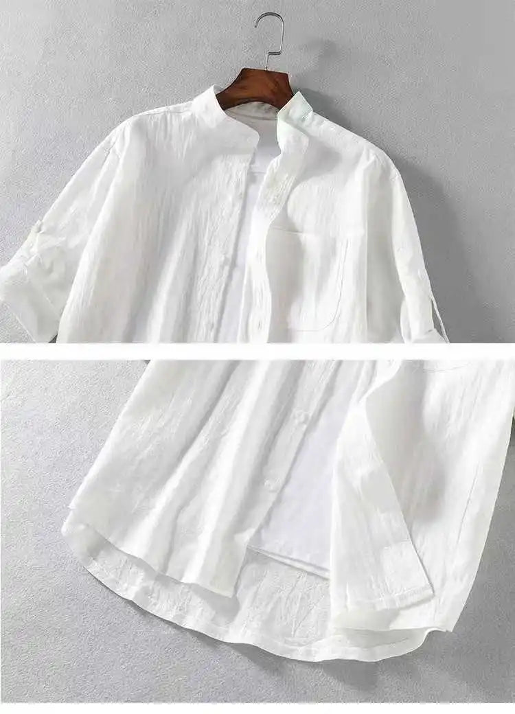 Spring and Summer Stand Collar Five-point Mid-sleeve Fashionable Men's Short-sleeved Shirt Seven-point Sleeve Large Size Men's