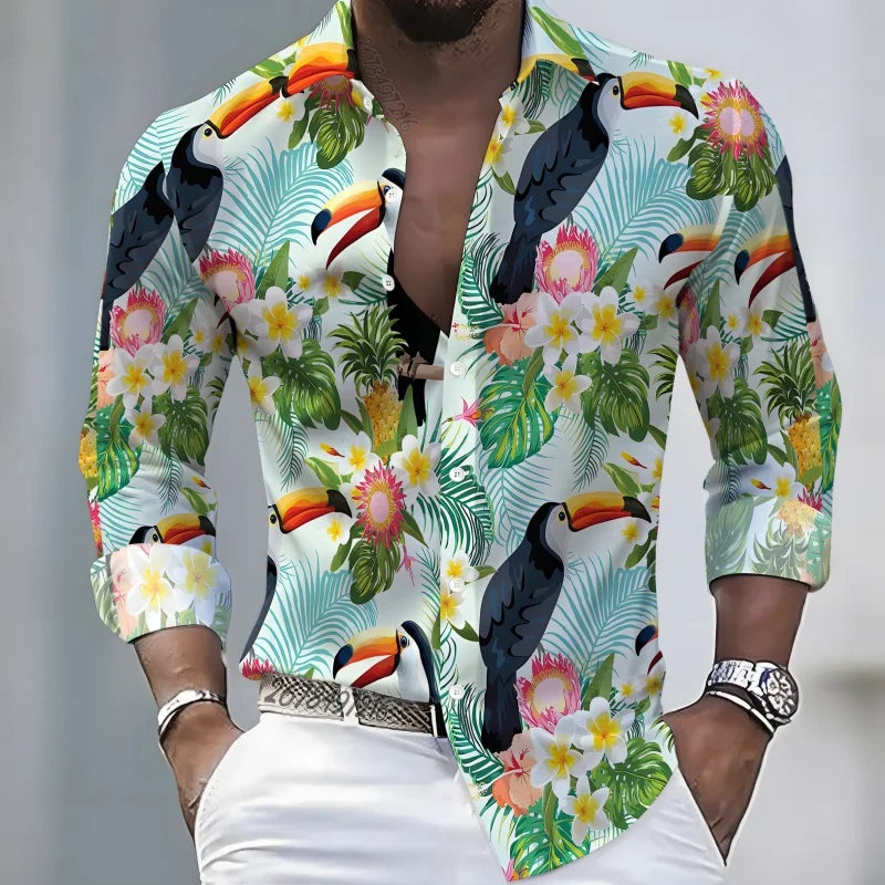2026 New Hawaiian Style Coconut Tree Print Long-Sleeve Shirt, Stylish Print Men's Casual Vacation Loose Collar Hawaiian Shirt