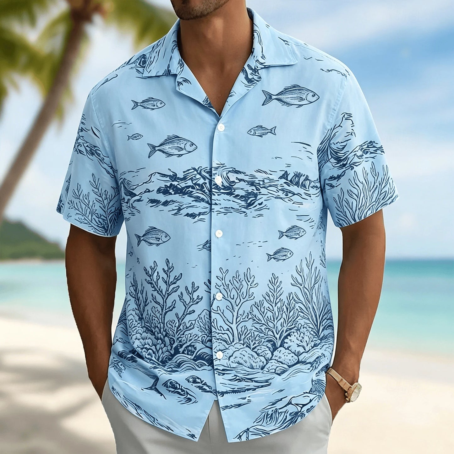 Men's Light Blue Tropical Palm Tree Print Short Sleeve Shirt, Casual Hawaiian Button Down with Ocean Design for Spring & Summer