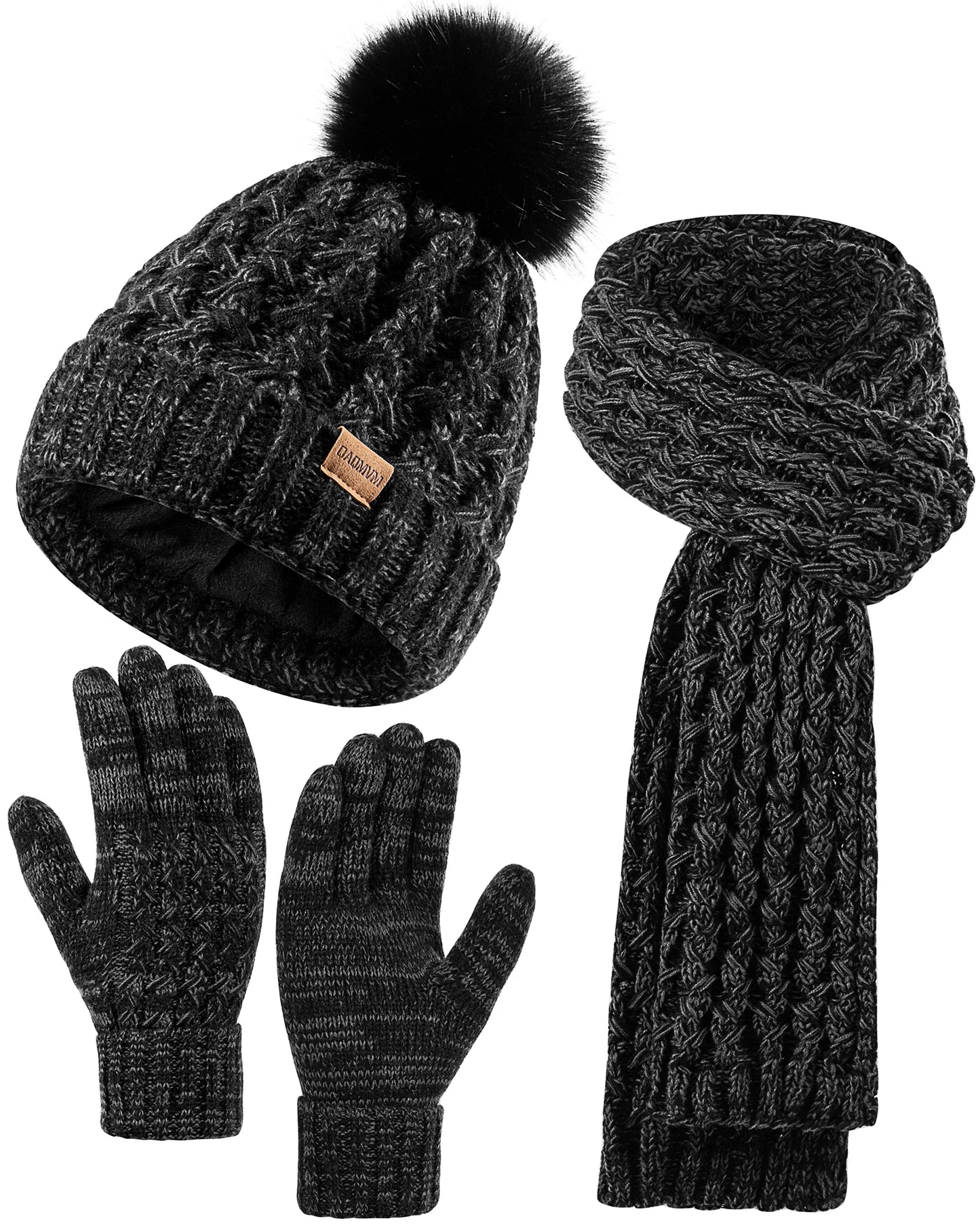 Womens Winter Beanie Hat Touchscreen Gloves Long Neck Scarf Set Warm Knit Caps
