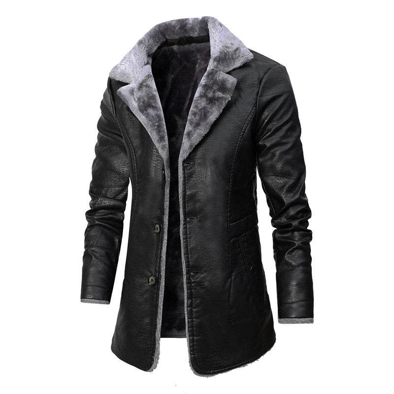 2023 Men Winter Long Thick Fleece PU Leather Jacket New Winter Fashion Suit Collar Men's Windbreaker Leather Jacket Coats