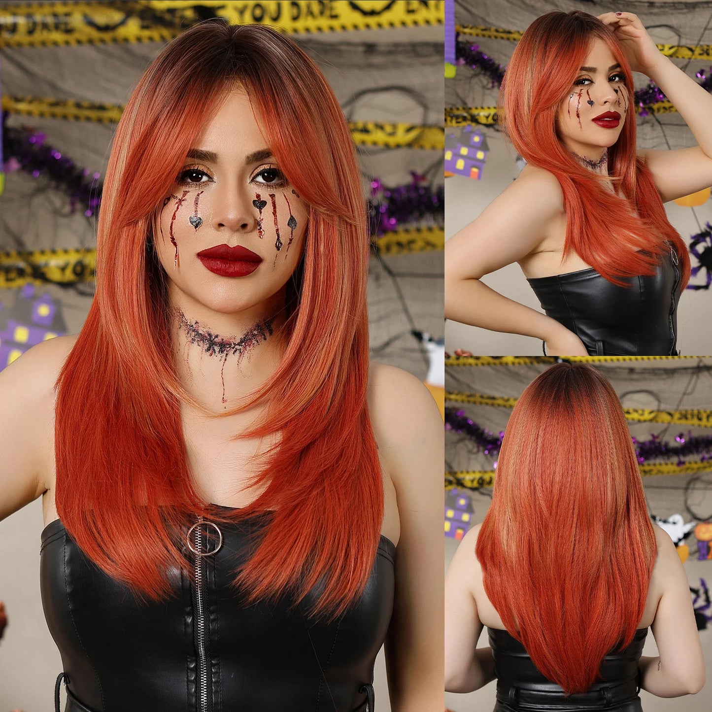 LOUIS FERRE Black Pink Ombre Synthetic Wigs for Cosplay Long Straight Layered Wigs with Bangs for Women Heat Resistant Fake Hair