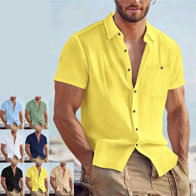 Men's Casual Linen Blend Shirt Short Sleeve Turn Down Collar Button Up Lightweight Breathable Beach Tunic Tops