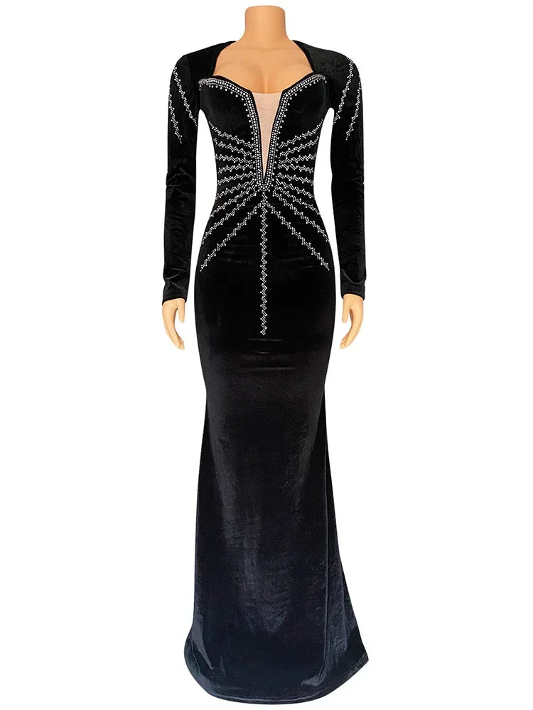 2025 Elegant Diamonds Velvet Long Party Dress for Women Sexy Deep V Evening Gown Formal Black Slim Dress Robe