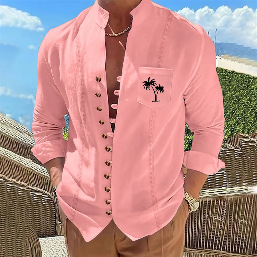 Men's long sleeved casual solid color coconut tree print shirt casual cardigan 11 button long sleeved top