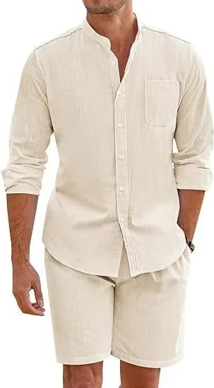 2025 Men's Two-piece Sets Cotton and Linen Comfortable Button Shirt Long Sleeve Shorts Cardigan Simple Casual Beachwear