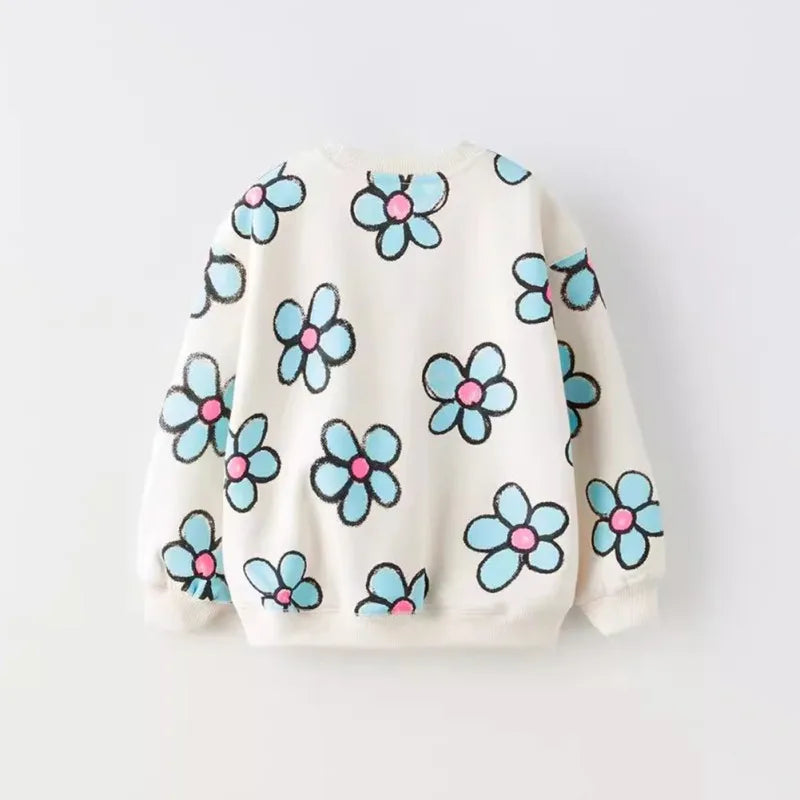 Kids Girl Sweatshirt Childish Flower Bow Print Round Neck Cotton Sweatshirts Autumn Winter Long Sleeve T-Shirt Children Clothes