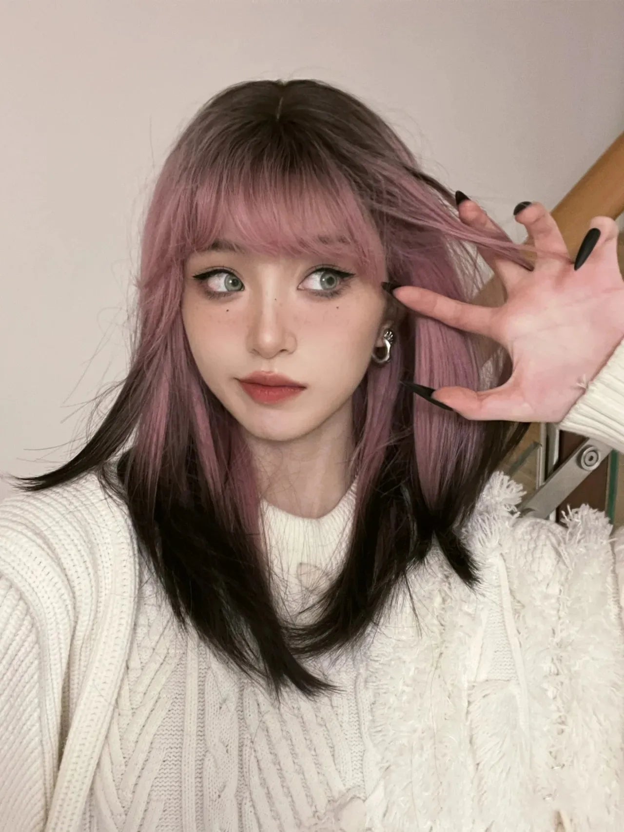 LOUIS FERRE Black Pink Ombre Synthetic Wigs for Cosplay Long Straight Layered Wigs with Bangs for Women Heat Resistant Fake Hair
