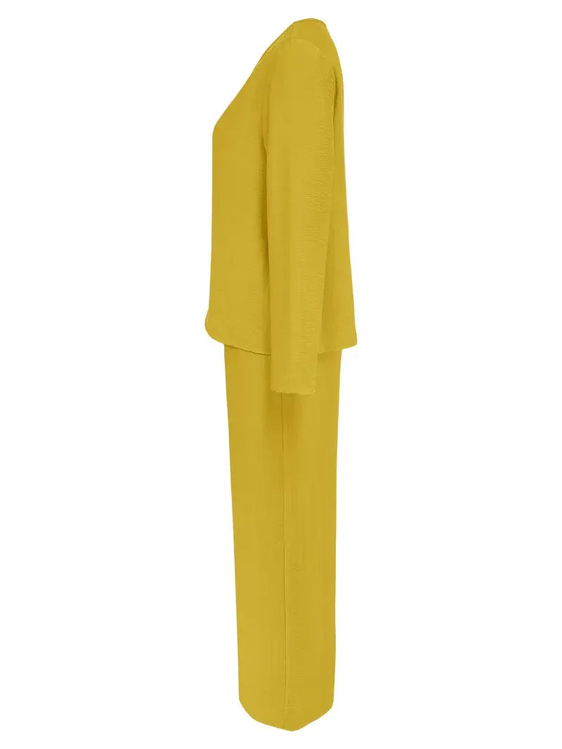 Solid Color Casual V-neck Trousers Women's 2piece Set Spring Autumn New Fashion Pocket Straight Trousers Female Office Suit 2025