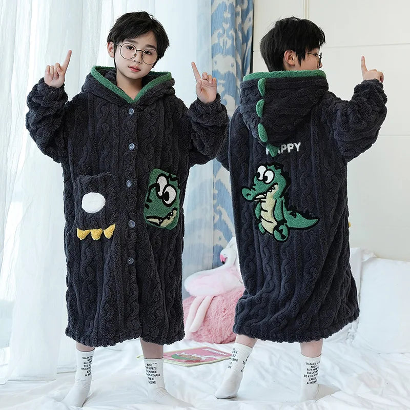 Kids Winter Bathrobe Thicken Warm Home Robe Baby Homewear Animal Dinosaur Cartoon Bathrobe For Children Hooded Gilrs Boys Robe